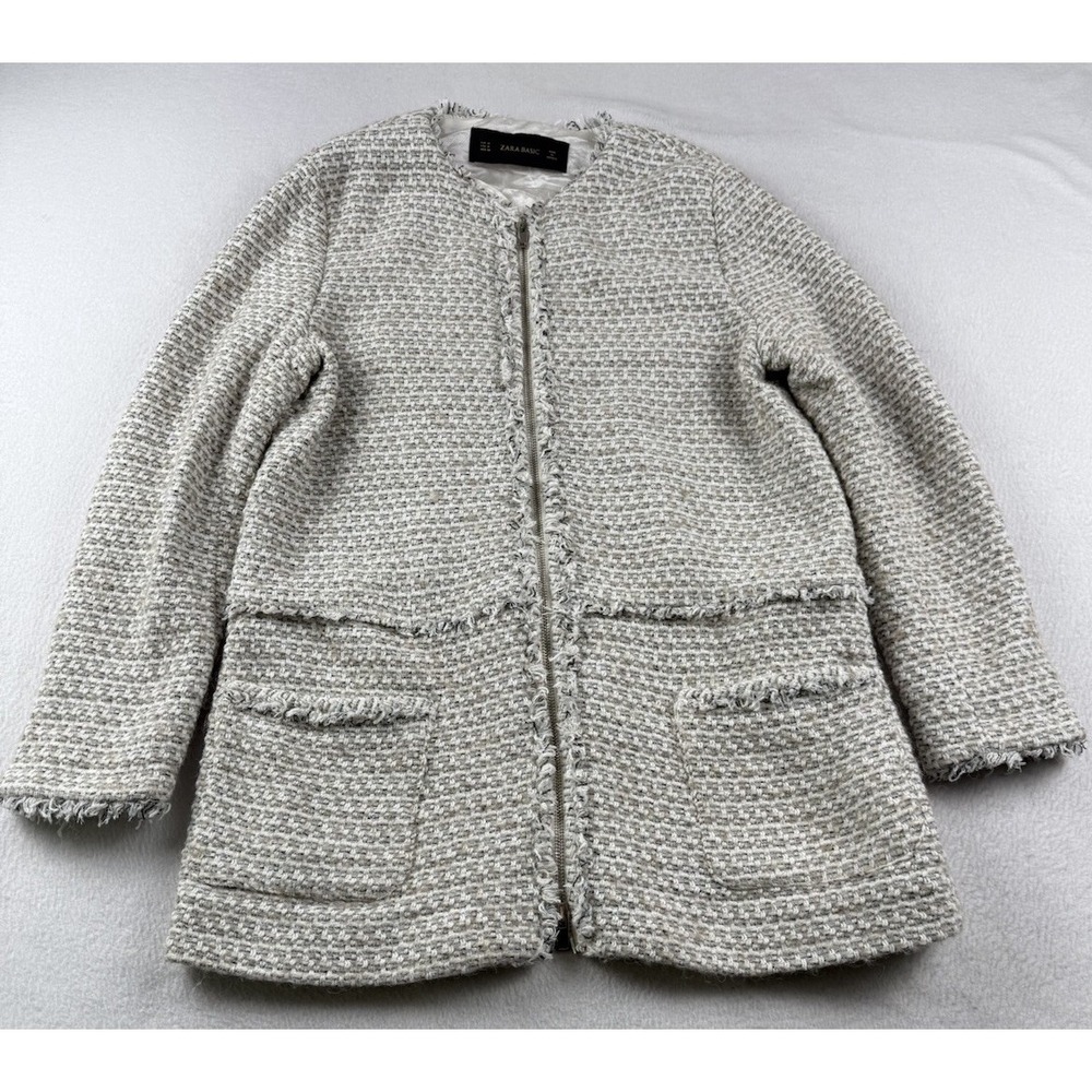 Zara Basic Womens Blazer Jacket M Tweed Fringe Full Zip Preppy